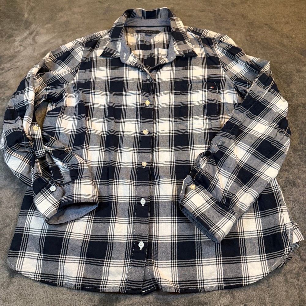 Tommy Hilfiger Navy Blue White Plaid Cotton Button Down Shirt Womens Large L
